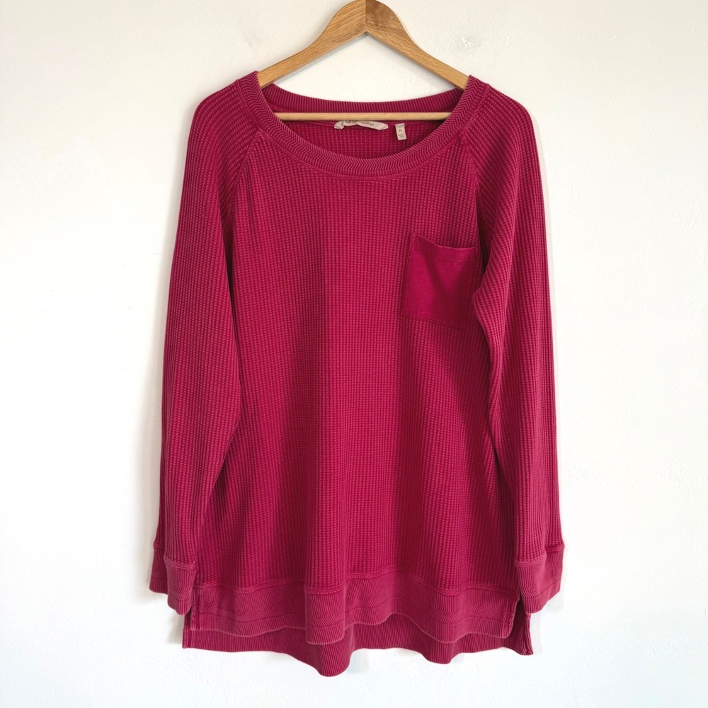 Soft Surroundings Waffle Knit Top Red Pink Thermal Raglan Lagenlook Boho XL